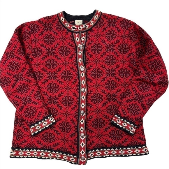 L.L. Bean Sweaters - LL Bean Fair Isle Cotton Cardigan Red Snowflake Nordic Pattern